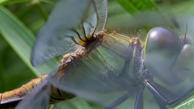 Macro portrait of dragonfly with huge compound eyes and texture moving head with rapid wing beat motion blur on green background