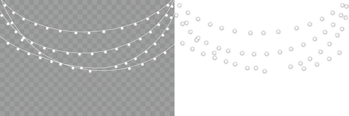 Glowing Christmas garland light with white illumination and gold accents. Perfect for festive holiday decoration, winter banners and decorative vector compositions. Glowing with sparkling LED lights. © Felix