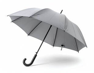 A grey, open umbrella casting a subtle shadow