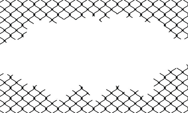Chain-link fence with jagged hole in center, symbolizing escape or breach. Diamond-patterned metal wires on white background. Conceptual image for security, freedom, or boundaries.