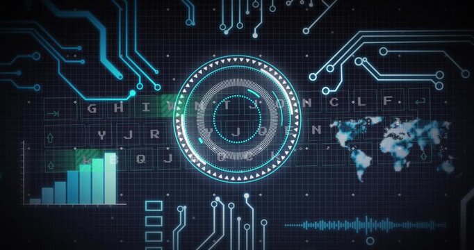 Animation of arc rector, keyboard , circuit board pattern over infographic interface
