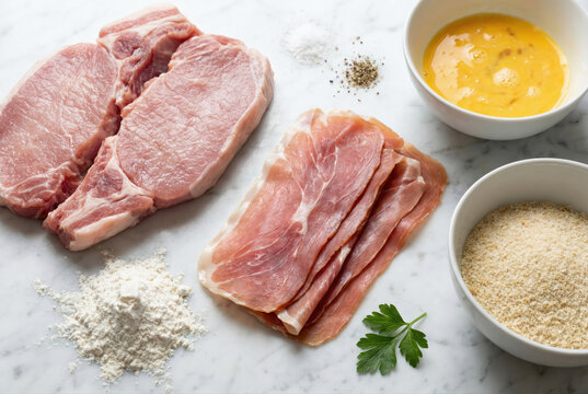 Ingredientes b&aacute;sicos para preparar flamenquines cordobeses: lomo de cerdo, jam&oacute;n serrano, huevo y pan rallado sobre m&aacute;rmol