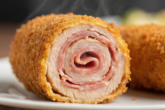 Primer plano de un flamenqu&iacute;n cordob&eacute;s crujiente reci&eacute;n hecho mostrando su relleno de lomo de cerdo y jam&oacute;n en espiral