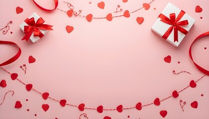 Pink background with two white gift boxes adorned with red ribbons valentine theme