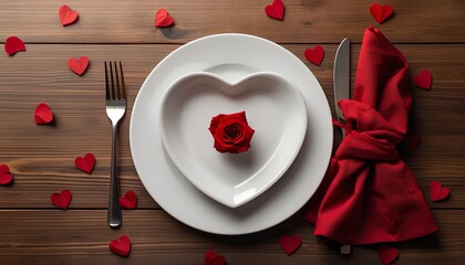 A wooden table set for a romantic meal with a heart-shaped white plate centered on a round white plate, featuring a red rose in the middle