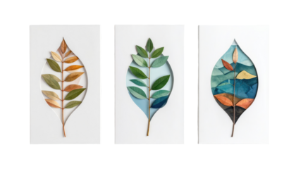 Artistic Leaf Collage: An artistic leaf collage. show three individual leaf-shaped compositions, each crafted with a unique collection of leaves and other organic materials on the paper.