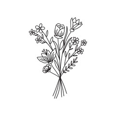 Obraz premium Flower bouquet vector. Hand drawn flower. Wildflower line art bouquets, wild plant, botanical vector illustration 