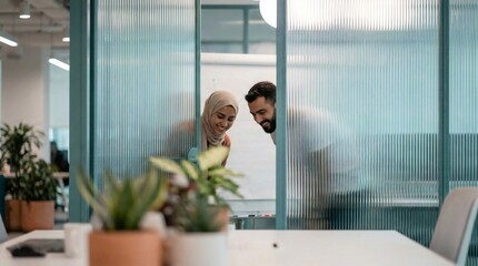 A professional Muslim woman in hijab and her male colleague smiling while collaborating behind a fluted glass partition in a contemporary office setting