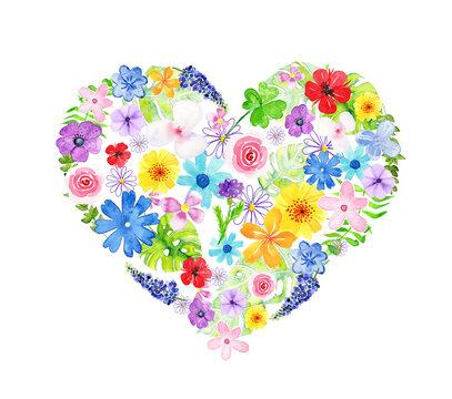 Colorful watercolor floral heart illustration symbolizing love and art