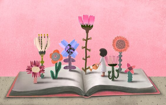 Education learning dream hope inspiration and freedom concept, girl and boy with imagination book. surreal painting. Fantasy art, conceptual artwork, happiness of child , 3d illustration