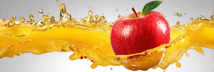 Fresh Red Apple Splashing in Golden Fruit Juice Banner