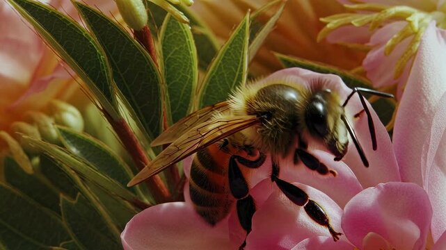 Realistic close up of honey bee resting on flower petal cleaning antenna with front legs showing detailed hair texture