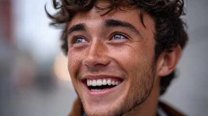 Happy Young Man with Freckles and Curly Hair Smiling Portrait
