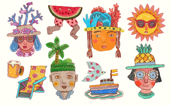 Summer, sea and beach concept. watercolor vector illustration.	