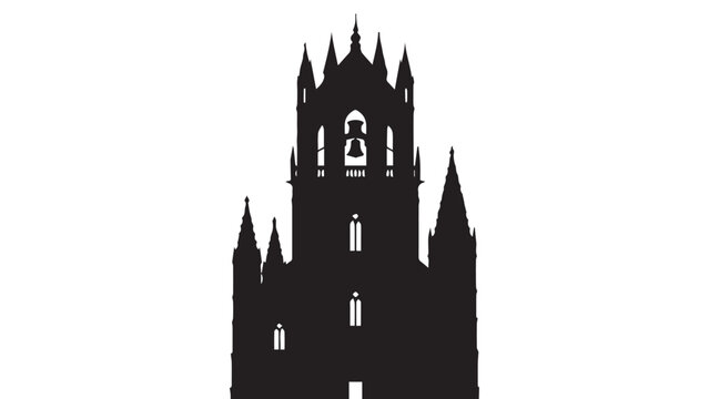 Silhouette of a tall Gothic cathedral featuring spires, arches, and a dramatic medieval architectural presence.