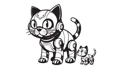 Fototapeta premium Playful adult cat with curious kitten in black and white illustration.