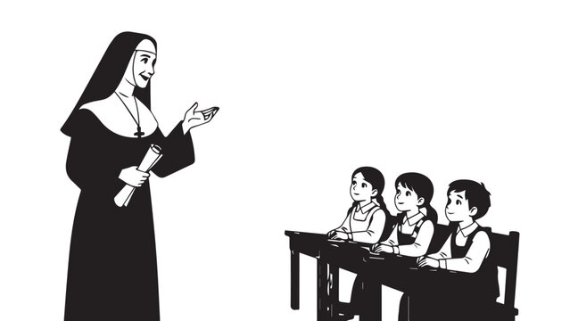 Monochrome scene of a nun teaching a group of children in a classroom setting.