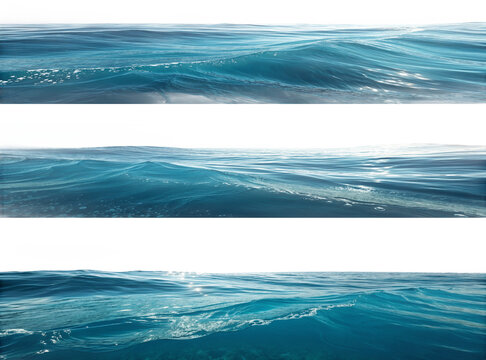 Set of Blue ocean water surface with gentle waves and ripples. Isolated on transparent background, png