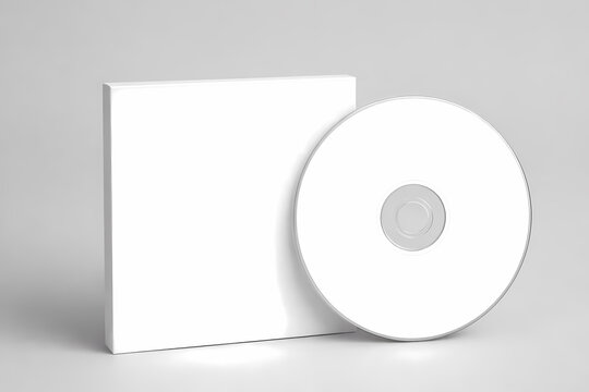 Blank white CD with matching square sleeve on a neutral gray background perfect for digital art and media presentations