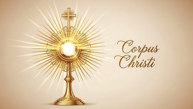Golden religious monstrance with Corpus Christi text on light background cross rays