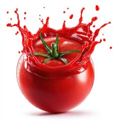 Fresh Red Tomato with Vibrant Liquid Splash on White Background