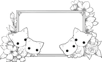 Floral frame with kitten cartoon : The image showcases a floral frame adorned with cute kitten cartoons, perfect for creative design, invitation, or greeting card concepts.
