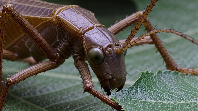 Detailed macro face of stick insect eating leaf with visible mouth movement and gentle eyes moving at slow pace
