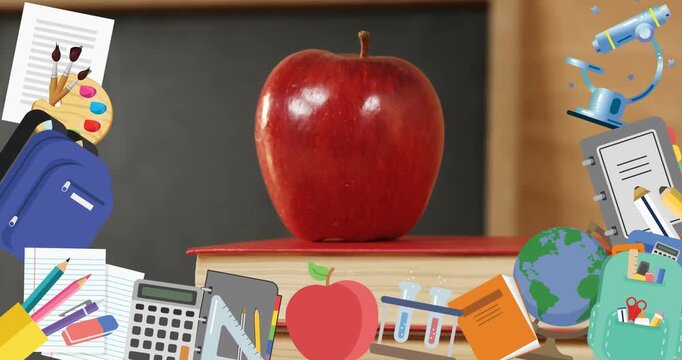Animation of school icons over apple and school items on black background