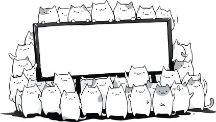 Cats Surrounding the Display: A charming group of cute cat characters surround a blank display, their eyes are fixated, ready for a new announcement.