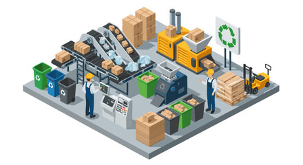 Obraz premium Modern Recycling Plant Conveyor Belt System Isometric Vector Illustration with Workers and Machinery