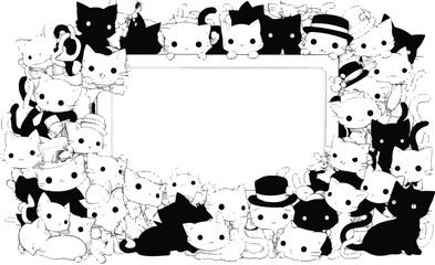 Cute Cat Frame: A charming array of stylized cat illustrations form a playful border, framing a blank rectangle, perfect for adding text or another visual element.