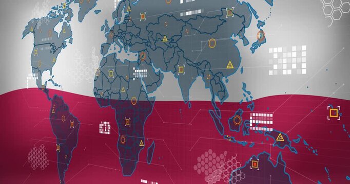 Animation of world map against waving poland flag background