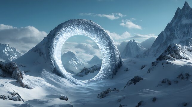 Futuristisches Eisportal in alpiner Hochgebirgslandschaft
