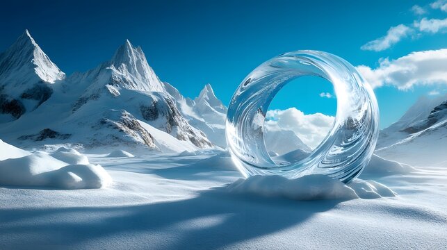 Transparenter Eisring in verschneiter Berglandschaft unter blauem Himmel
