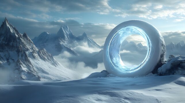 Futuristisches Eisportal in alpiner Winterlandschaft
