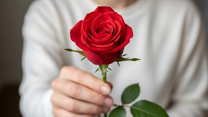 Person holding a single red rose with green leaves flower hand