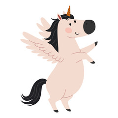 Naklejka premium A cute pegasus unicorn standing on two legs. A flat vector illustration in a simple children's style. . Vector illustration
