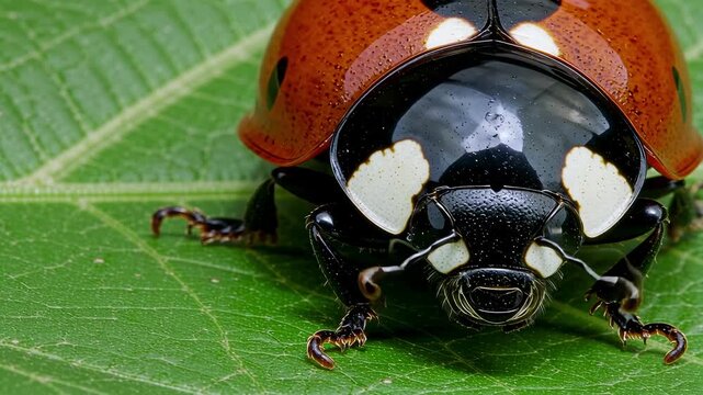 High quality macro of ladybug face with black head and white spots moving antenna and detailed legs on green leaf
