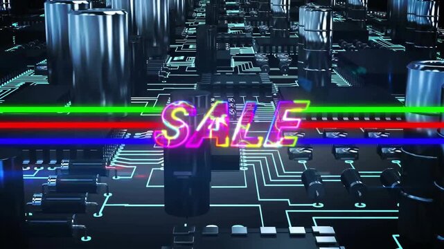 Animation of sale text over neon pattern and circuit board