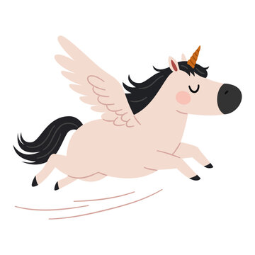 A cute pegasus unicorn running fast. Flat vector illustration in a simple children's style. . Vector illustration