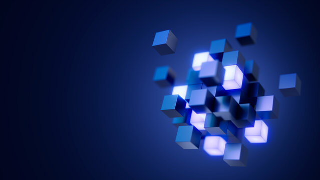 Abstract geometric blocks assembled into a single structure. AI systems, Big Data, cloud storage, abstract technology, business finance concept