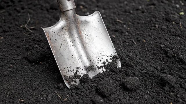 A metal shovel partially buried in rich dark soil The tool suggests digging preparing earth for planting or construction work