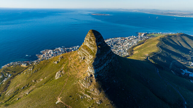 Aerial view of Lions Head mountain and Cape Town coastline, South Africa