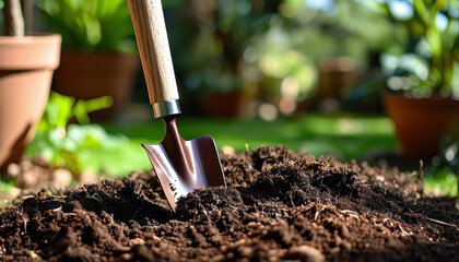 Garden trowel in freshly turned soil with lush greenery surrounding