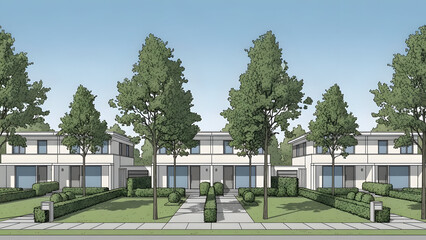 Obraz premium Modern Residential Townhouses Architectural Illustration Green Lawns and Blue Sky Neighborhood