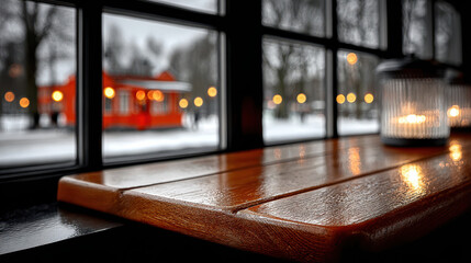 Frosted window view of terrace and blurred outdoor scene with orange structure in snowy landscape