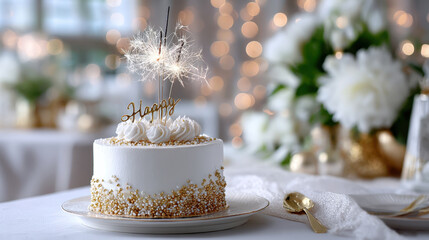 Celebration with gold letter cake topper on elegant birthday cake close-up