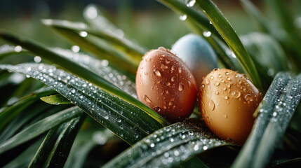 Easter eggs with morning dew on grass - simple dyed eggs for spring celebration