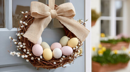 Easter wreath of colorful eggs and twigs hanging on a door for festive decoration