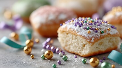 Fat tuesday celebration with festive food and colorful pastries for mardi gras